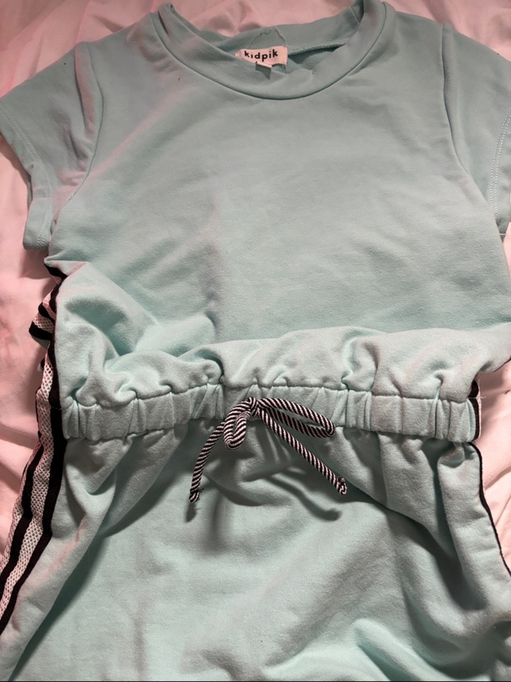 kidpik Mint Green Short Sleeve Drawstring Dress with Black-White Stripes
